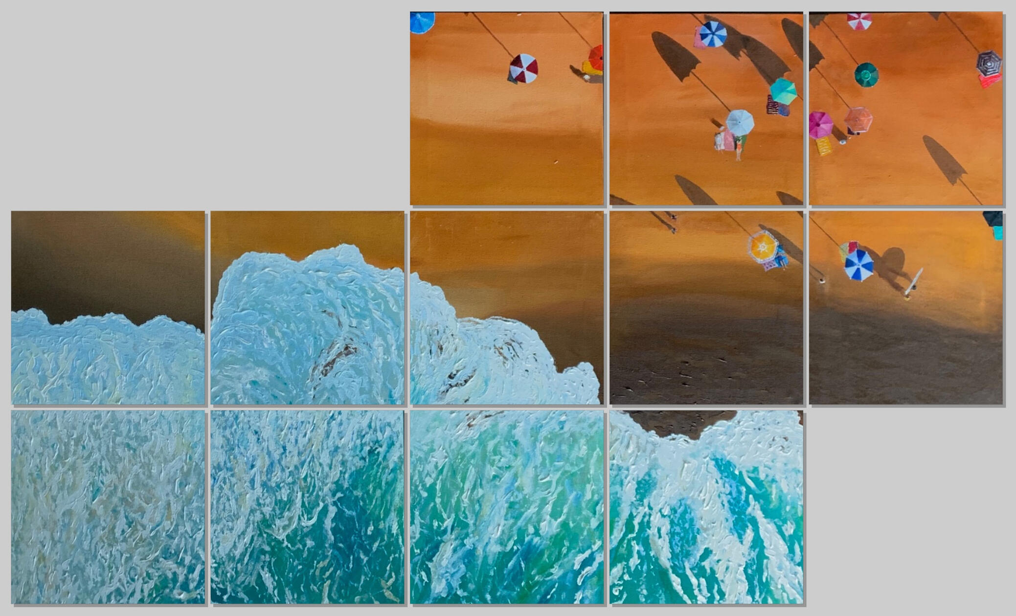 Modular Polyptych · Acrylic on canvas An experiment in fragmentation and continuity, dividing a single composition across multiple individual canvases that assemble to form one larger image.
