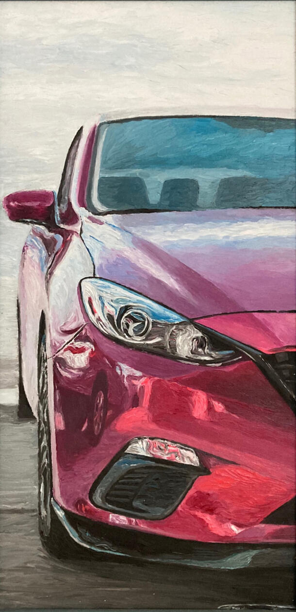 Automotive Realism · Oil on canvas A study of reflected color and light across the complex surfaces of a car.