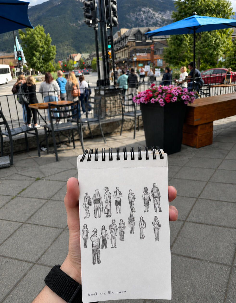 Urban Gesture Studies · Graphite on paper Quick observational sketches made on the streets of Banff, capturing passersby in the brief moments before they moved out of view.