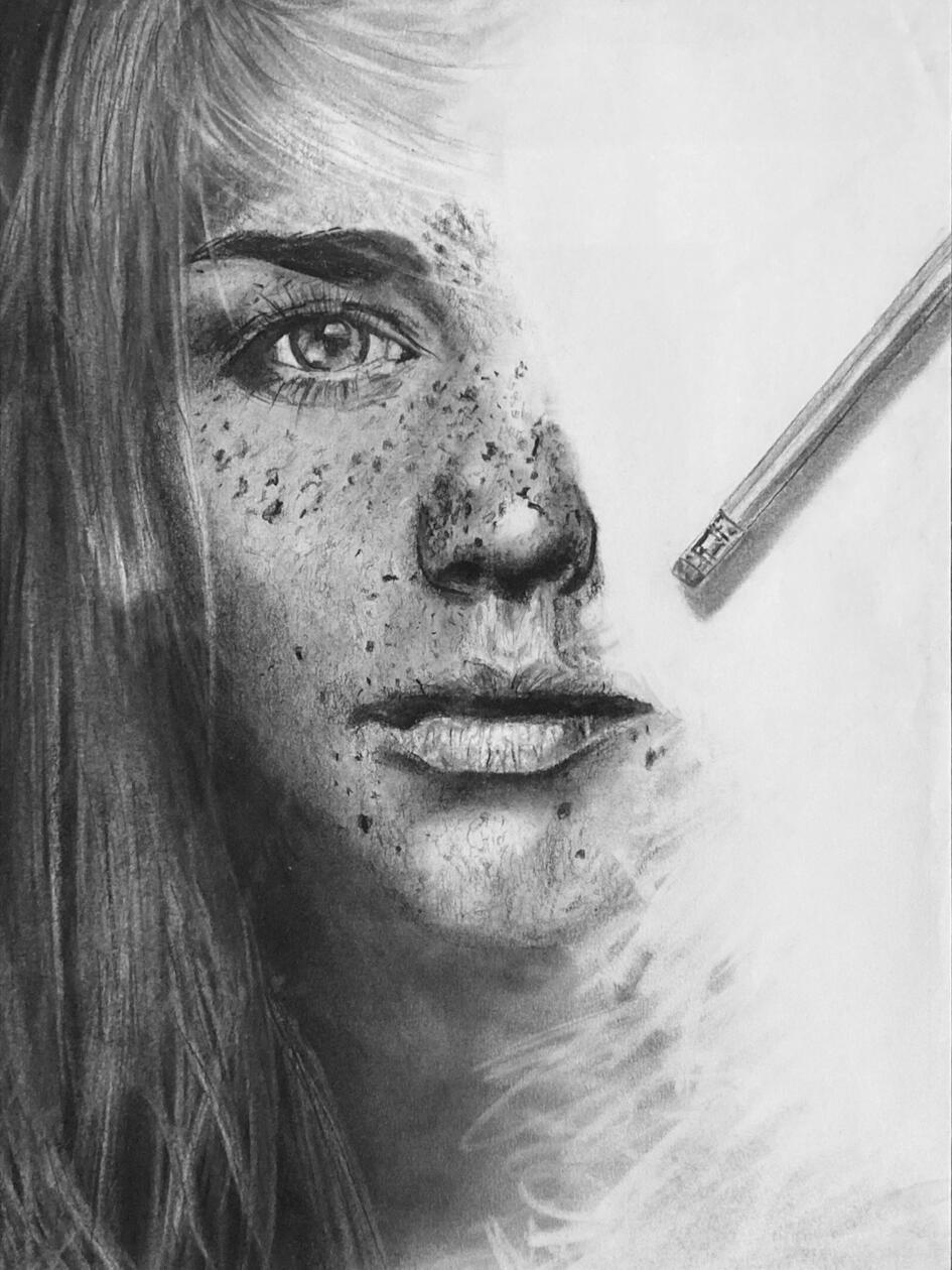 Expunged - Conceptual Figurative Realism · Charcoal on paper An award-winning portrait exploring texture, fine detail, and erasure as both a visual technique and a source of deeper meaning. First Place, Congressional Art Competition.