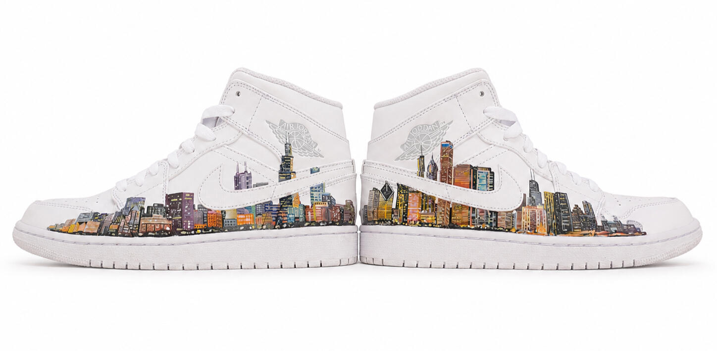 Custom Sneaker Art / Urban Cityscape · Acrylic leather paint on Nike sneakers A custom pair created for a friend from Chicago, extending the city skyline across both shoes.