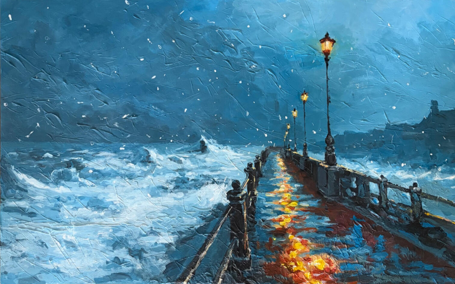 Contemporary Impressionist Seascape · Acrylic on canvas A storm-tossed pier, originally known as an AI-generated piece, now brought to life in paint.
