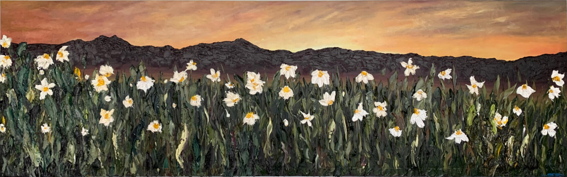 Textural Impressionist Landscape · Oil on canvas A large-format study of impasto and dimensionality, using substantial layers of oil paint to build a heavily textured field of flowers and landscape.