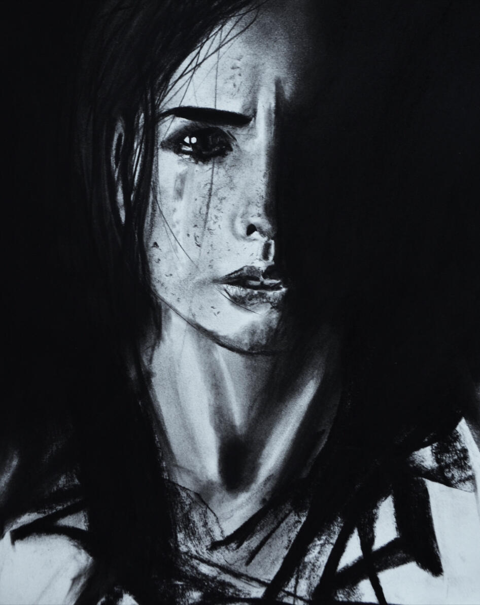 Expressive Figurative Realism · Charcoal on paper A study of restrained emotion, using stark lighting, facial expression, and subtle muscular tension in the neck.