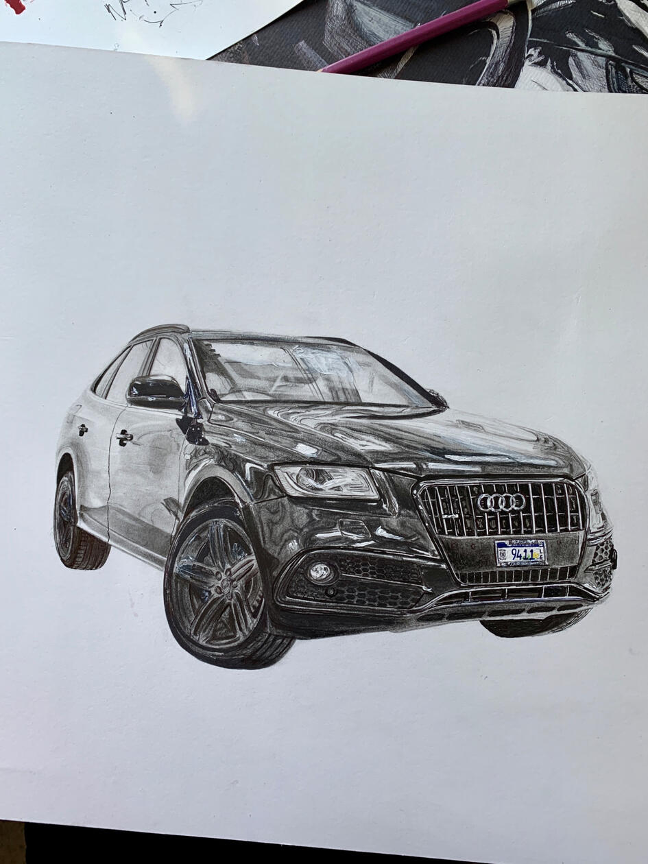 Automotive Realism · Graphite and marker on paper A detailed automotive study of reflection.
