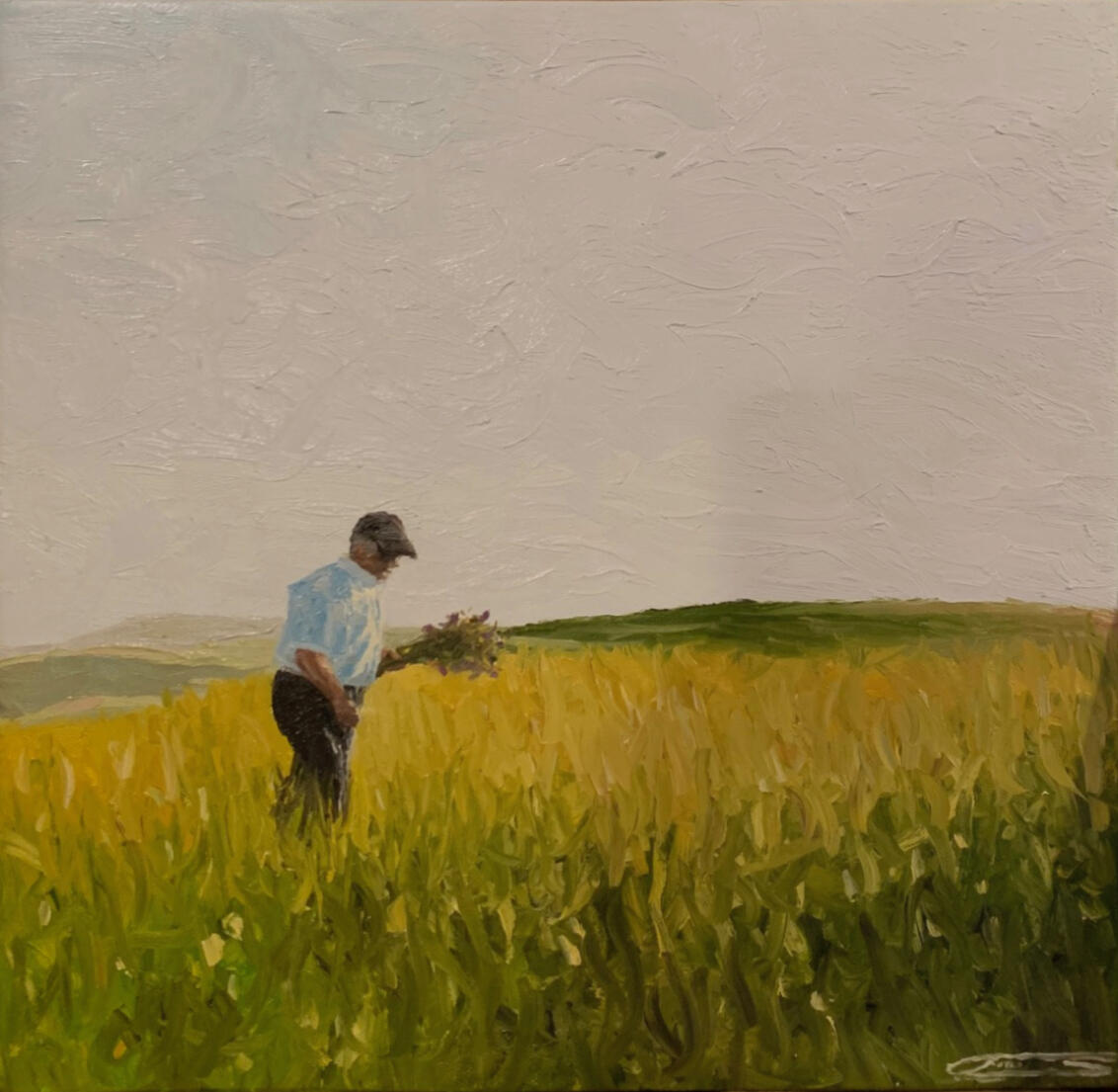 Figurative Realism · Oil on canvas My grandfather picking flowers for his wife, painted in Romania.